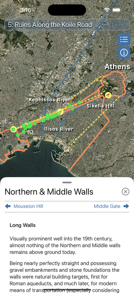 The Athenian Long Walls - Satellite map view of Athens with overlays showing the path of the ancient Long Walls and historical landmarks