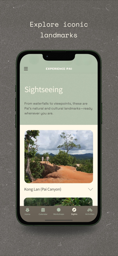 Experience Pai - Experience Pai app sightseeing screen displaying Kong Lan Pai Canyon viewpoints