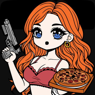 a beautiful girl with a gun and pizza