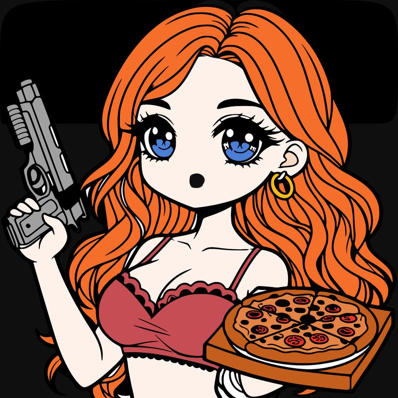 a beautiful girl with a gun and pizza