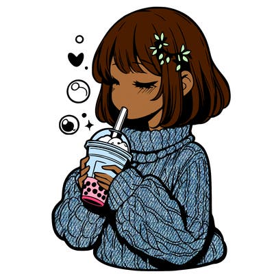 manga girl drinking boba in cozy sweater