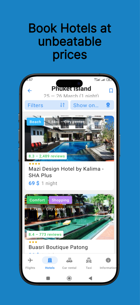 Flights & Cheap Tickets - Mobile app screen displaying affordable hotel listings in Phuket Island with ratings and prices