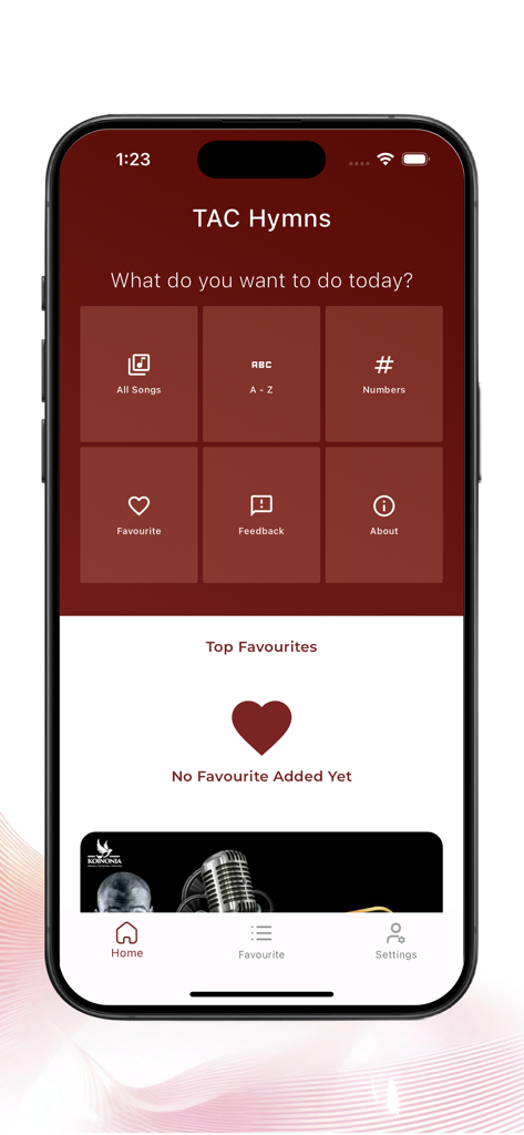 Home screen of the TAC Hymns app featuring navigation tiles for all songs, alphabetical order, and hymn numbers