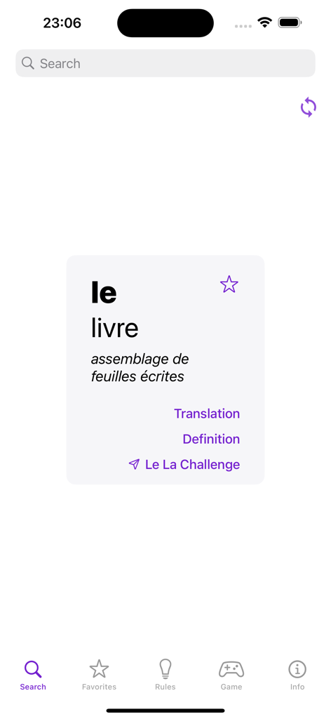Le La - Search result in the Le La app for the French noun livre showing its masculine article and definition.
