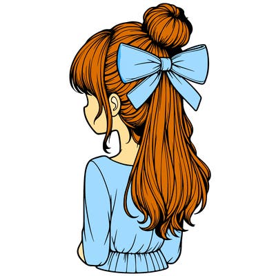 realistic girl  with hip length hair a bun and a big bow on the back of head