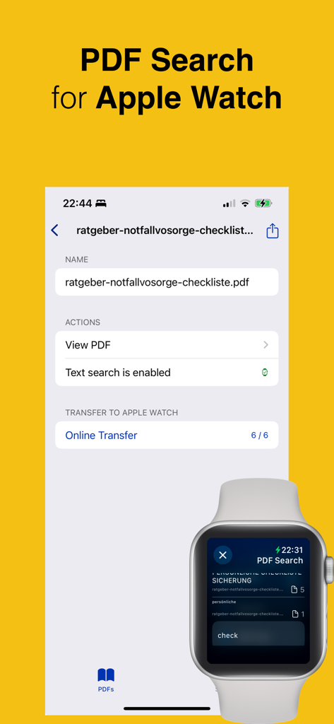 PDF Watch Reader: Watch PDF - An Apple Watch displaying search results within a PDF next to the iPhone app transfer interface