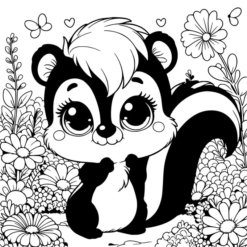 a cute skunk with big eyes in a realistic field of flowers
