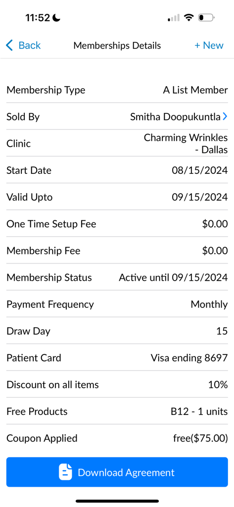 Membership details screen in the Aesthetic Record EMR app showing subscription plans for a medical spa client