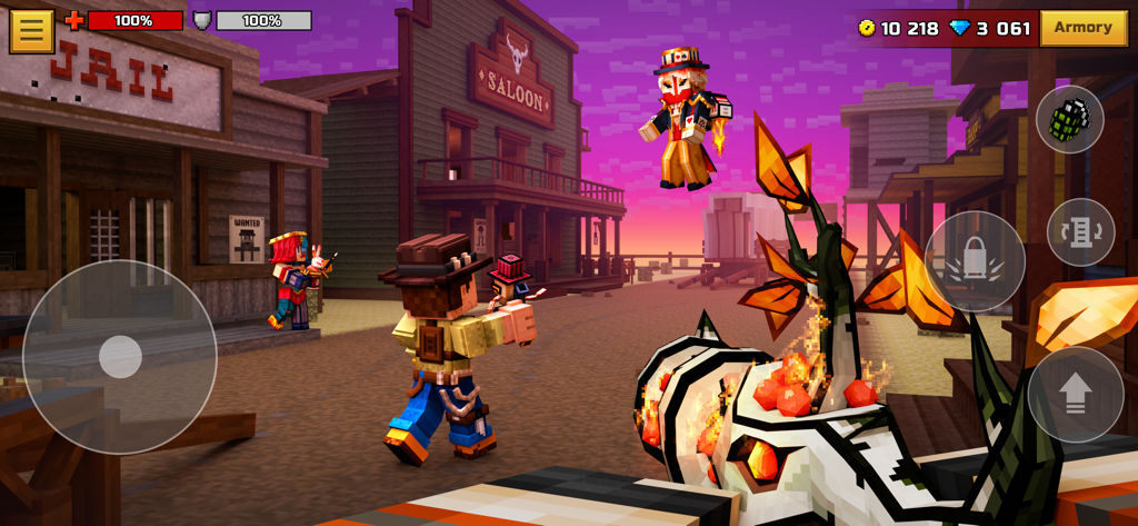 A first-person shooter view of Pixel Gun 3D in a blocky Wild West town map with players and colorful graphics.