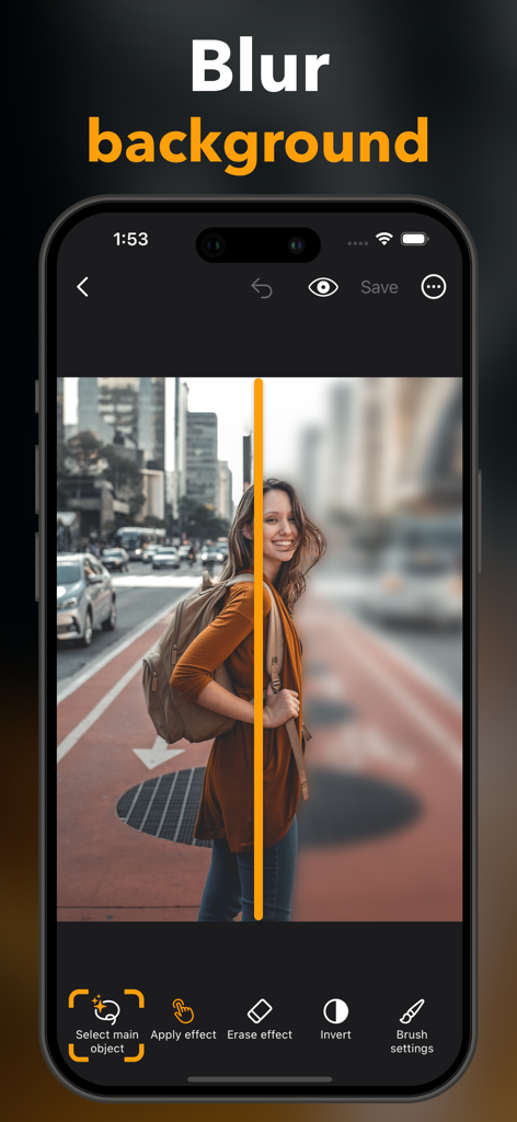 Blur Video & Photo -AI Pix App - Una interfaz de aplicación móvil mostrando una comparación de pantalla dividida antes y después de un fondo difuminado en una foto de una mujer