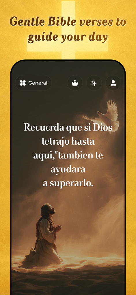 Daily Bible Verses:Home Widget - Handy-Bildschirm mit einem inspirierenden Bibelzitat über einem friedlichen Hintergrund mit betendem Mann und Taube.