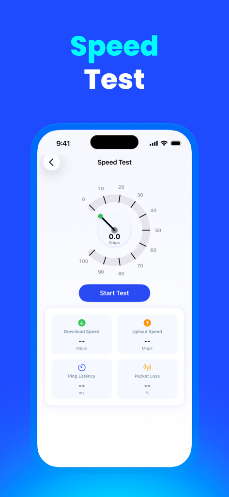 PureDefend: Security & Cleaner - PureDefend app WiFi speed test screen with speedometer and start button