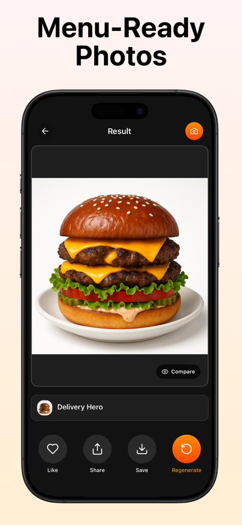 Smartphone screen displaying a professional AI generated double cheeseburger photo for a restaurant menu.