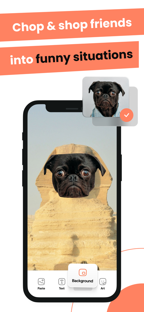 Cut and Paste: Photos Editor - Um smartphone mostrando o rosto de um pug sobreposto à Esfinge usando o aplicativo editor de fotos Recorte e Cole.