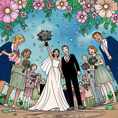 a couple on their wedding day, flowers, family and friends in the background.