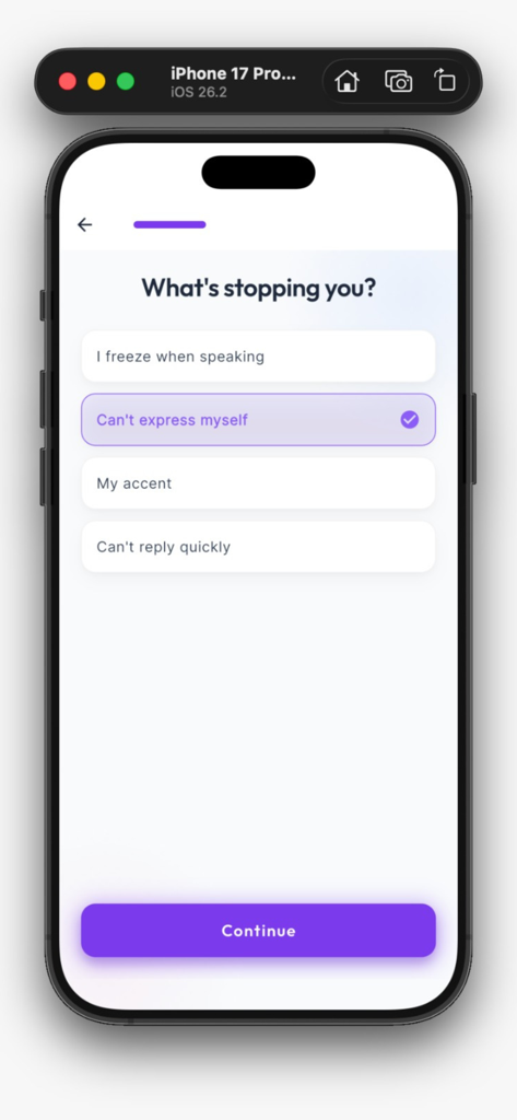 Talkio App - Talkio app onboarding screen asking users to identify their language learning challenges