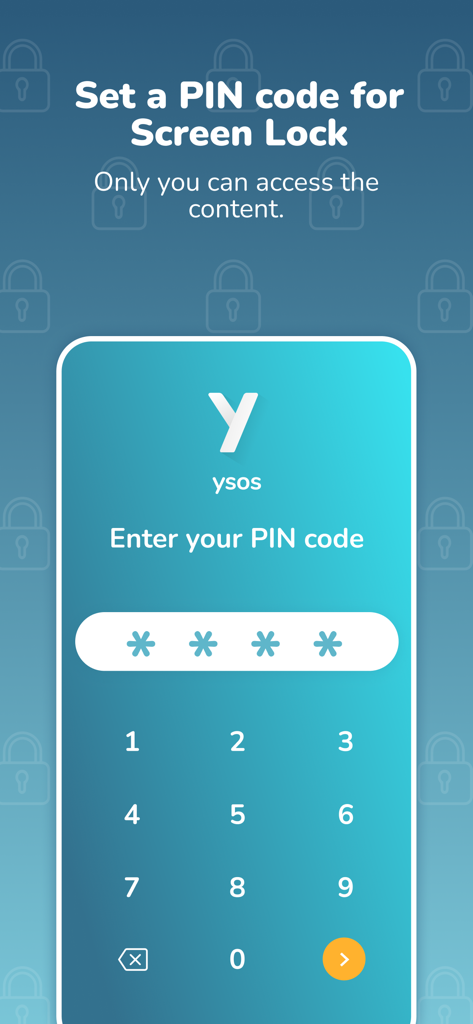 ysos: Couple meeting & dating - Security PIN code entry screen for private access on the ysos dating app