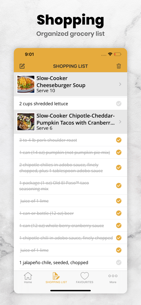 Tasty Slow Cooker Recipes - 맛있는 슬로우 쿠커 레시피 앱의 정리된 쇼핑 목록 화면으로, 치즈버거 수프와 호박 타코 재료가 표시됩니다.