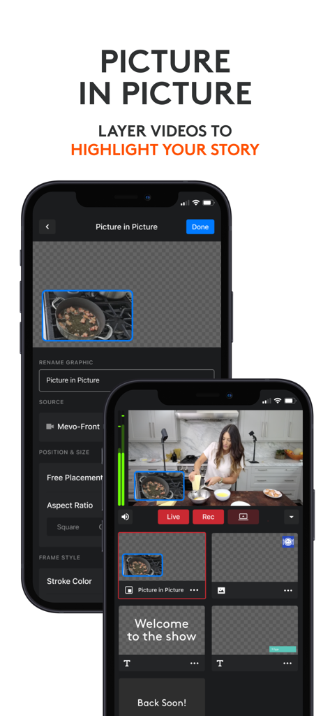 Logitech Mevo Multicam app interface showing the picture in picture video layering feature