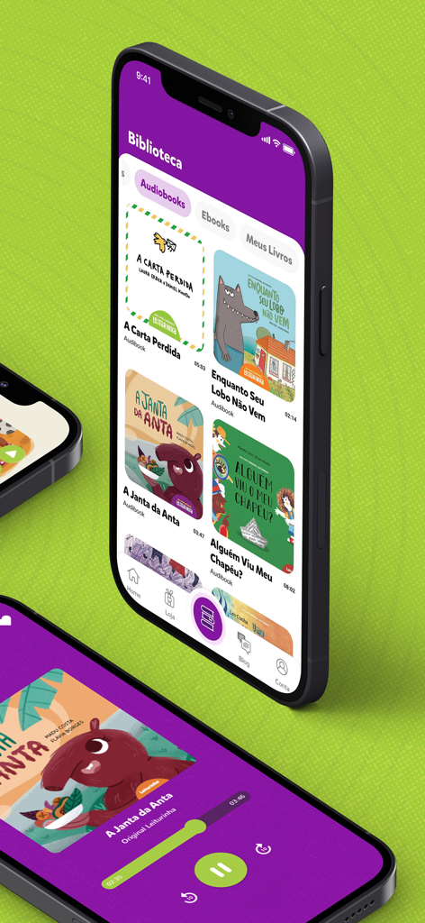 Leiturinha - A mobile app interface showing a library of children's audiobooks and an active audio player for stories.