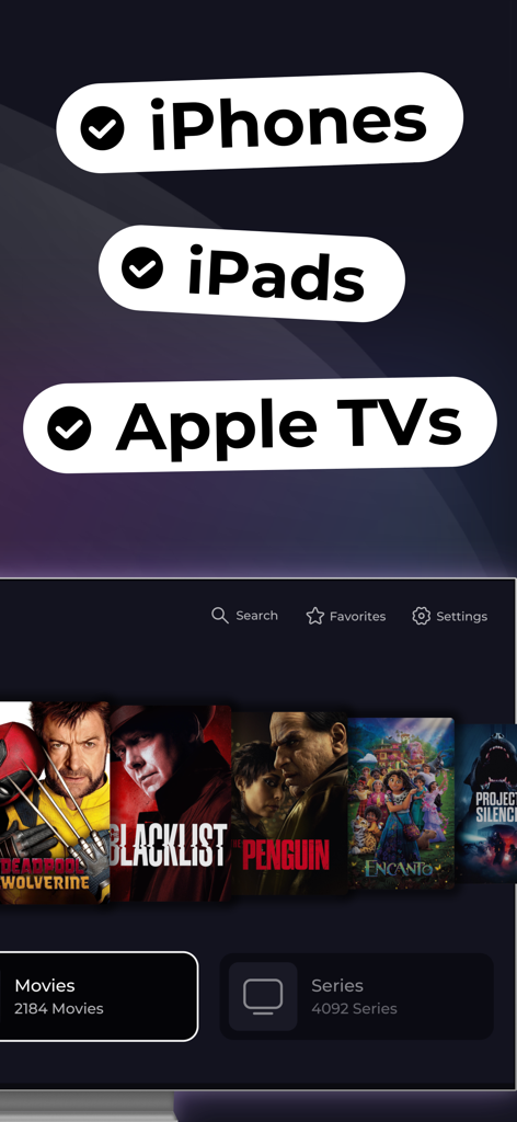 IPTV - Opus Player - Interfaz de Opus Player mostrando soporte para iPhone, iPad y Apple TV con una biblioteca de películas