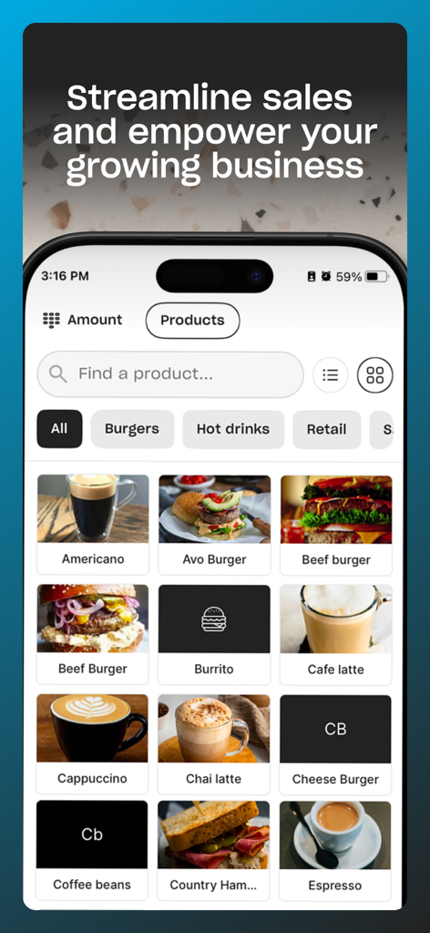 Yoco Point of Sale (POS) - Yoco Point of Sale mobile app interface showing a visual product catalogue for streamlined checkout