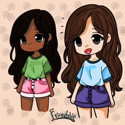 a girl with long hair and a short shirt and pants