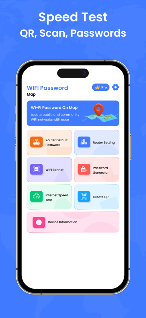 Le menu principal de l'application Carte des mots de passe Wifi présentant des outils pour les tests de vitesse, le scan wifi et la génération de mots de passe