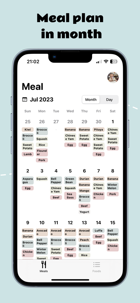 BLW Diary - Calendrier mensuel des repas dans l'application BLW Diary montrant le suivi alimentaire quotidien pour les nourrissons.