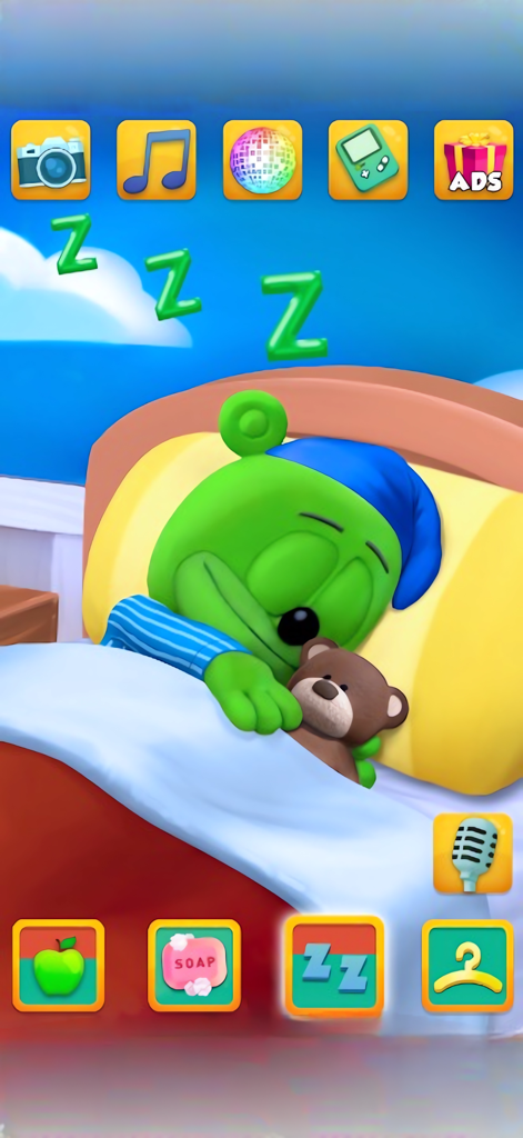 My Talking Gummy Bear - Personaje Osito Gominola durmiendo en una cama con un osito de peluche