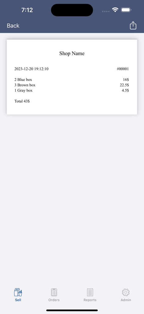 Interface do aplicativo EasyForSale mostrando um recibo de venda digital com custos detalhados e total.