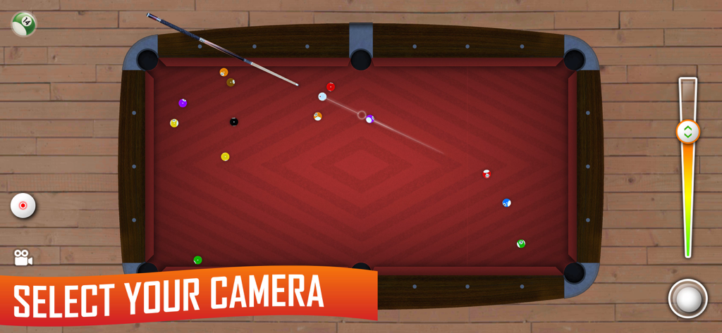 8 Ball Pool & Snooker Billiard - Top down view of a mobile billiard game featuring a red table cloth and cue stick aiming at balls