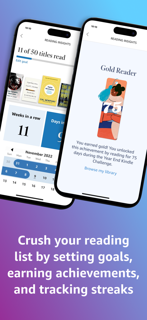 Amazon Kindle 읽기 통계 화면에 독서 목표, 연속 기록 및 성과 표시