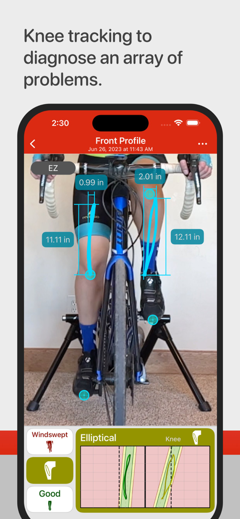 Front view of the Bike Fast Fit Elite app showing knee tracking and alignment analysis on a cyclist