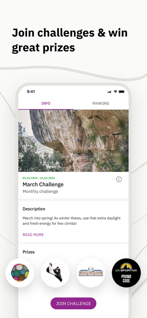 Vertical-Life Climbing - Vertical-Life app screen for participating in climbing challenges and winning prizes