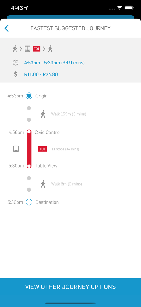 MyCiTi app screenshot showing the fastest suggested journey from Civic Centre to Table View including bus route details and estimated fare