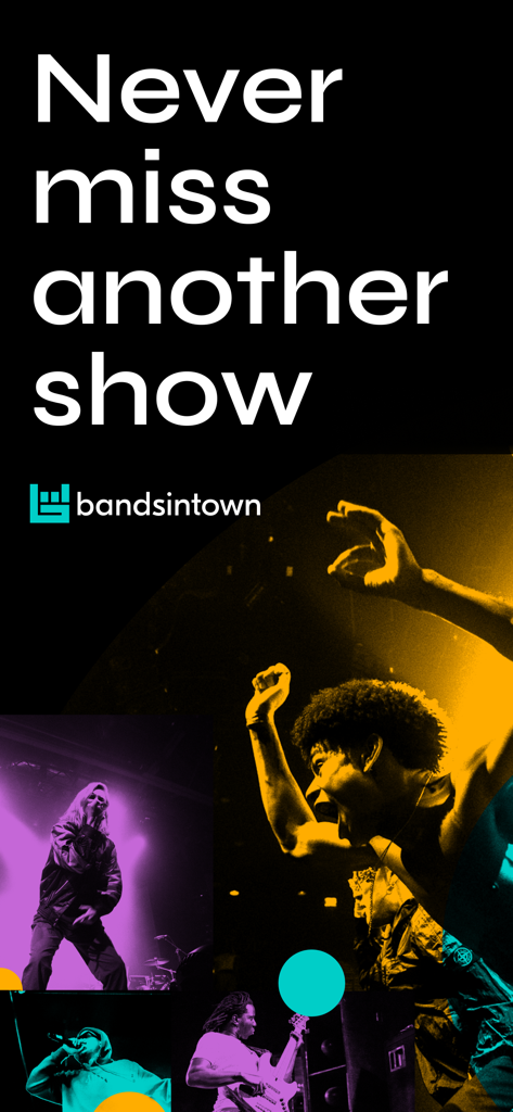 Bandsintown Concerts - Bandsintown App-Werbebildschirm mit Live-Musikfotografie und dem Text: Verpasse nie wieder eine Show.