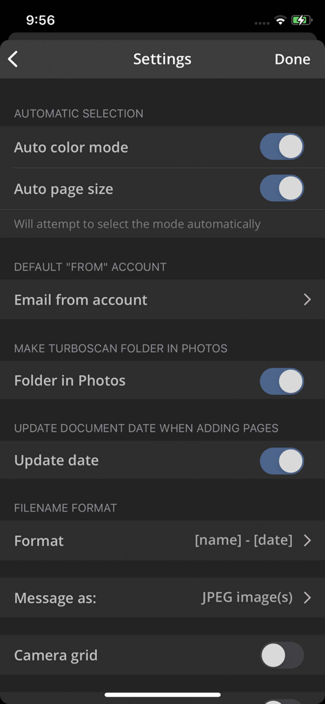 TurboScan™: document scanner - TurboScan app settings screen showing scan and file organization options