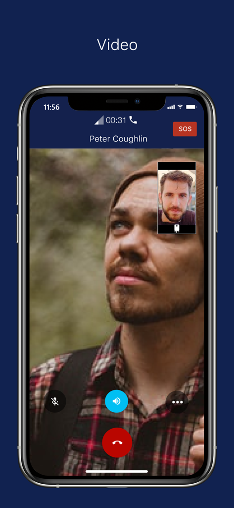 Agnet Work - Agnet Work app interface showing a secure mission-critical video call with a dedicated SOS emergency button