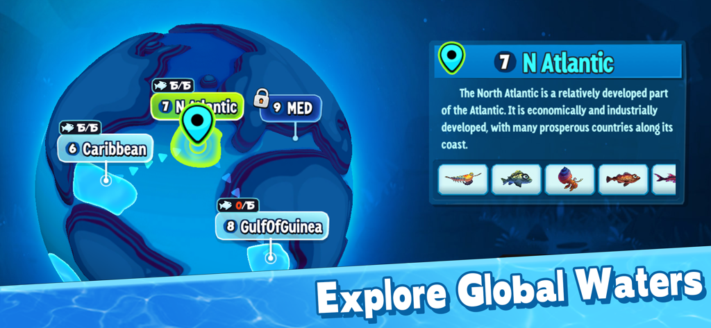 A world map screen in Fish Eat Fish.io showing different ocean regions to explore like the North Atlantic
