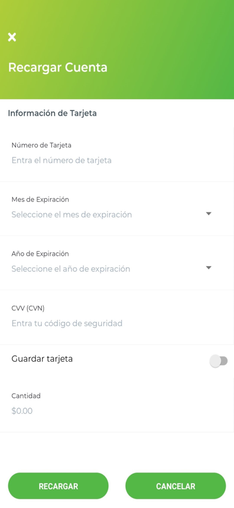 AutoExpreso Movil account recharge screen showing credit card information fields