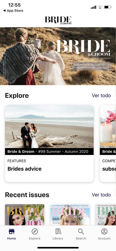 Écran d'accueil de l'application du magazine Bride and Groom présentant des inspirations de mariage et les numéros récents