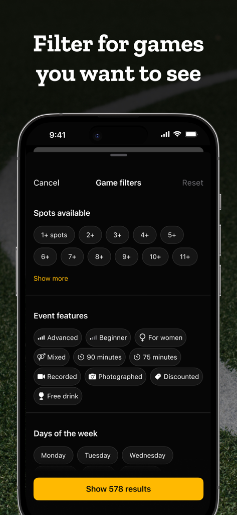 Interface of the CeleBreak app showing various filters for soccer games including skill level and spots available