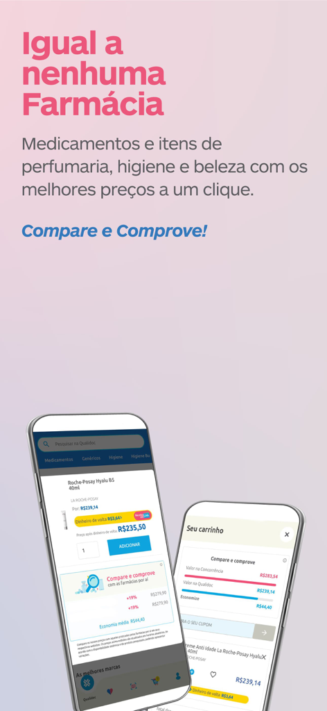 Qualidoc - Interfaz de la aplicación Qualidoc en dos smartphones mostrando comparaciones de precios y ofertas de cashback para productos de salud y belleza