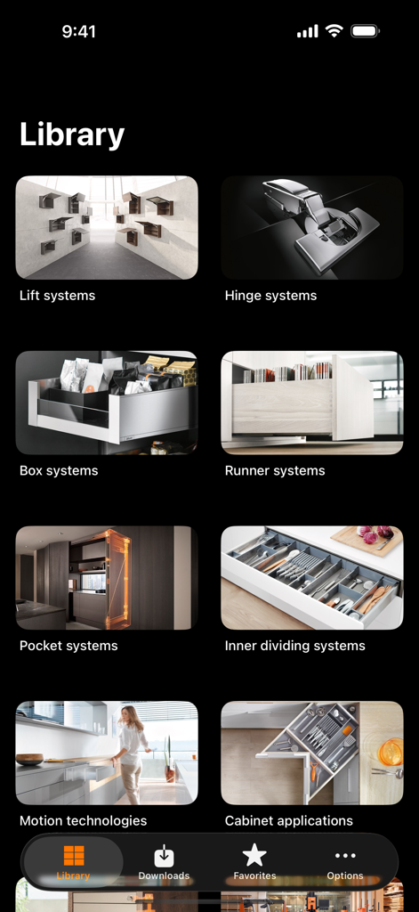 EASY ASSEMBLY - EASY ASSEMBLY app library showing categories for Blum cabinet systems including lift hinge and drawer systems