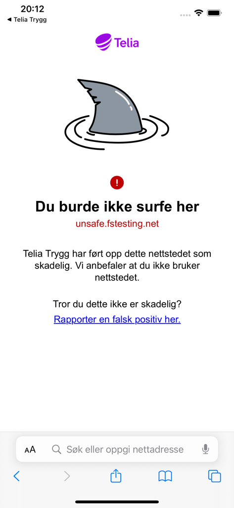 Telia Trygg - Telia Trygg app displaying a security warning for a harmful website with a shark fin icon