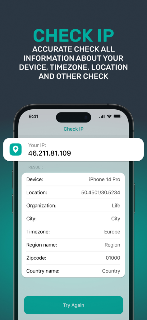 Online Shield - Fast VPN Proxy - Screenshot of the Online Shield app showing a detailed IP address analysis report including device type, location, and timezone.