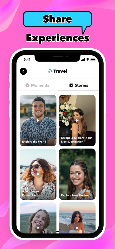 Sharky - Make New Friends - Interface of the Sharky app showing a feed of travel stories and video moments from different users sharing their experiences.
