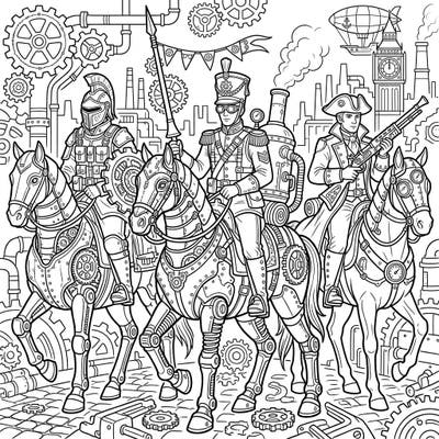 Unleash your creativity with this detailed coloring page featuring Steampunk Cavalry Soldiers. Discover a fascinating world where Victorian elegance meets futuristic machinery, perfect for an engaging artistic escape.