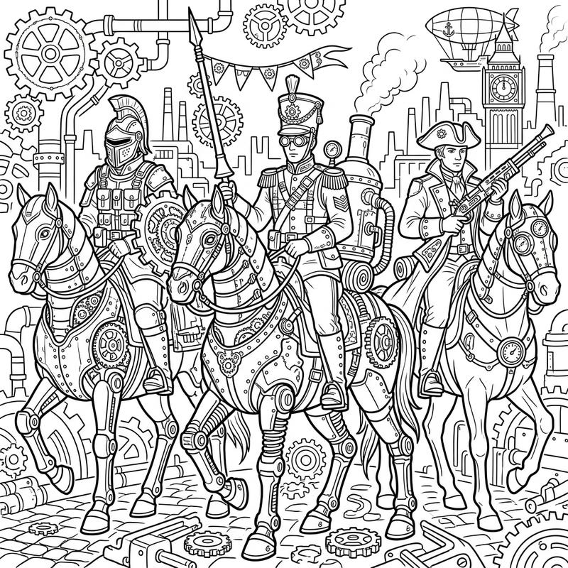 Unleash your creativity with this detailed coloring page featuring Steampunk Cavalry Soldiers. Discover a fascinating world where Victorian elegance meets futuristic machinery, perfect for an engaging artistic escape.